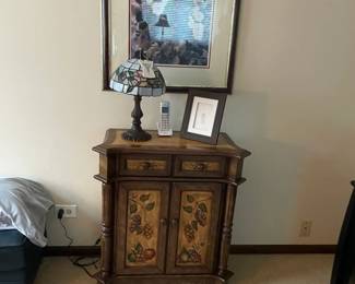 143 Painted Fruit Motif Console Cabinet with TiffanyStyle Lamp