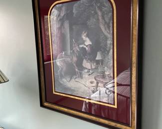169 Antique Engraving Girl with Deer Framed Print Burgundy Mat Gold Accent