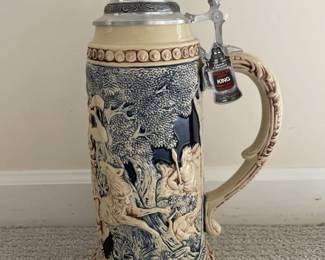 129 German Ceramic Beer Stein with Pewter Lid