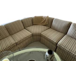 140 Curved Sectional Sofa Gingham Plaid Upholstery
