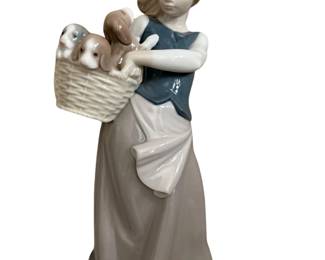 090 Lladr Girl with Puppies in Basket Figurine