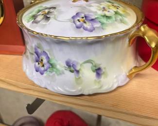 013 Antique Limoges Porcelain Pansy Covered Cracker Jar
