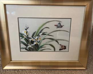 021 Framed Chinese Silk Embroidery Butterflies Orchids