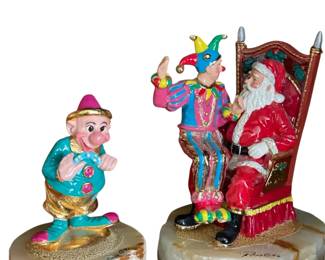 052 Ron Lee Clown Santa Figurines on Onyx Bases
