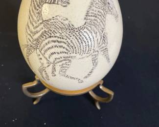 118 Scrimshaw Ostrich Egg Zebra Art Display
