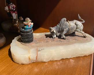 076 Ron Lee Frisco Bronze Rodeo Clown Bull Sculpture on Onyx Base