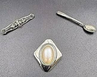 Antique Filigree Sterling And Clear Gemstone Pin, Vintage Jeri-Lou Scarf Clip & Silver Spoon Pin