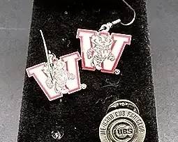 Wisconsin Badger Dangle Earrings, Pewter Cub Fan Pin, American Flag Pin And Karatclad Ring
