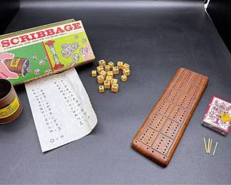 Vintage Scribbage Game, Vintage Pinocchle Playing Cards And A Wooden Cribbage Board