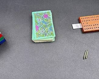 Classic Rubix Cube And Wooden Travel Cribbage Board With Deck Of Cards