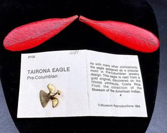 Tairona Eagle Pin And Two Gene Chinnock Wood Red Feather Pins