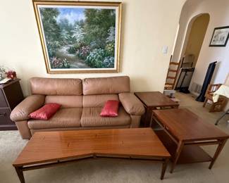 Leather couch, mid-century, modern coffee table, and end tables