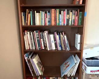 Wood bookcase and miscellaneous books