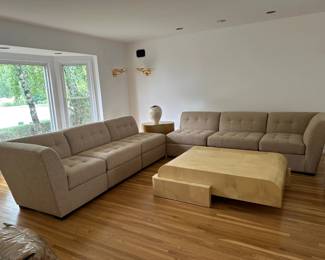 Immaculate Sectional Sofa, Postmodern Lacquered Goatskin Parchment Waterfall Coffee Table