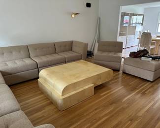 Immaculate Sectional Sofa, Postmodern Lacquered Goatskin Parchment Waterfall Coffee Table