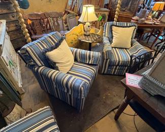 Custom upholstered chairs with ottoman and behind it a fantastic KING size VENETIAN FOUR POSTER BED!