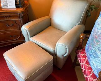 Pottery Barn Leather Chair and Ottoman in Dove Grey