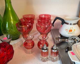 Antique Cranberry Etched Stemware