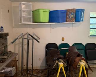 Small Tools, Clothes Rack, 2 Saddles, 1 English Riding Saddle, Lg. Totes
