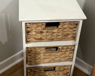 Three-tier coastal-style wood and wicker basket storage unit