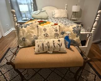 Full size wooden 4-post bed (mattress also available) /decorative throw pillows/rug