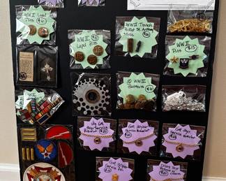 Military and service pins; rosaries and other religious items