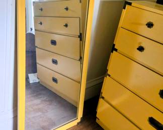 Mid Century Yellow Colormates Campaign Lowboy Dresser by Morris of California w/Matching Mirror