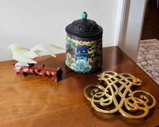 Jade Bird, Cloisonne Jar, Brass Letters