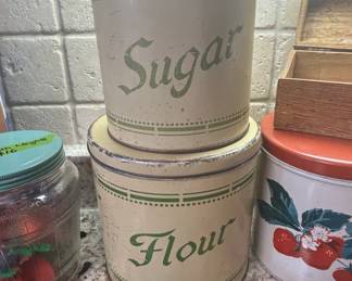 Vintage Cream and Green Lithographed Metal Flour and Sugar Canister Set
