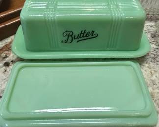 FireKing Jadite Butter Dish with Black Script Butter