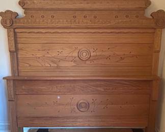 Victorian Eastlake Oak High Back Bed Frame
