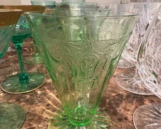 Vintage Green Uranium Glass Collection Juicers, Refrigerator Boxes, and Stemware fourth image