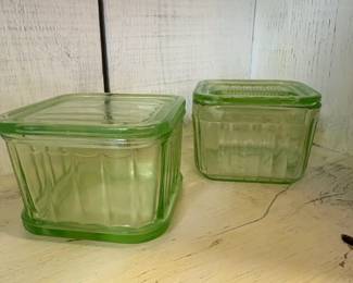 Vintage Green Uranium Glass Collection Juicers, Refrigerator Boxes, and Stemware second image