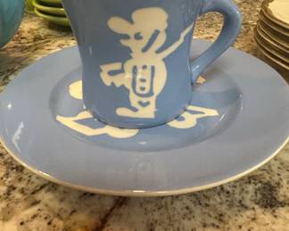 Harker Pottery Cameo Ware Nursery Rhyme Cup and Saucer Rocking Goat and Dancing Figure
