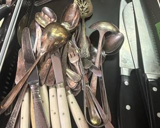 Mixed Assortment of Vintage Silverplate Flatware with Composite Handled Knives
