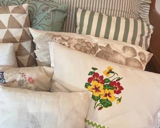 Collection of Vintage Embroidered and Striped Throw Pillows