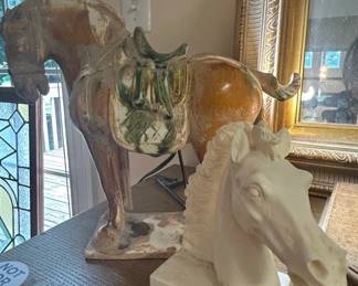 Tang Dynasty Style Sancai Glazed Horse and Alabaster Horse Head Bust