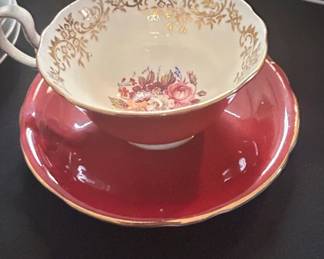 Vintage Aynsley Bone China Teacup and Saucer, Red Floral Bouquet, Gold Detailing