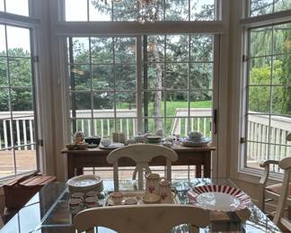 French Country Style Dining Set with Glass Table and Rush Seat Chairs