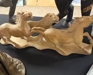 Vintage Chinese Boxwood Hand Carved Running Horses Sculpture
