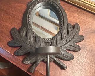 Carved Oak Leaf Cast Metal Wall Sconce with Mirror