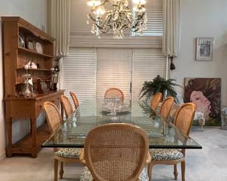 French Provincial Style Cane Back Dining Set with Glass Top Table