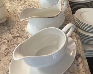 White Porcelain Gravy Boat with Gold Rim and Attached Underplate