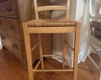 Set of Vintage Wood Bar Stools with Farmhouse Rush Seat