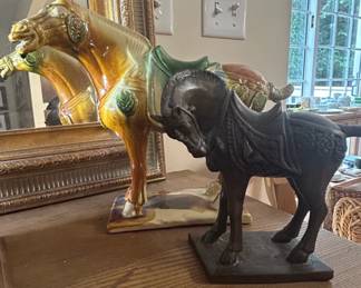 Pair of TangStyle Sancai Glazed Horse and BronzeFinish Horse Statues