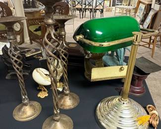 Vintage Brass Bankers Lamp with Green Glass Shade