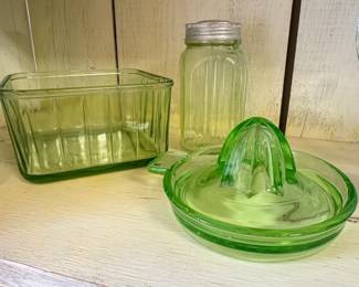 Vintage Green Uranium Glass Collection Juicers, Refrigerator Boxes, and Stemware