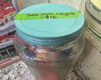 Vintage FruitShaped Tablecloth Weights in Glass Jar