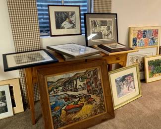 Estate Collection of Assorted Framed Artworks including Mediterranean Harbor Scene and Lionel Barrymore Prints