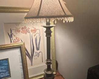 Traditional Turned Metal Table Lamp with Beaded Fringe Shade